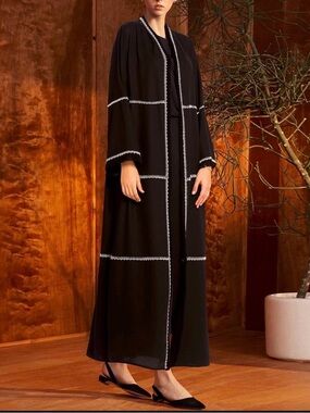 ABAYA Contrast-Trimmed Black Long Open Abaya Dress Contrast Stitching 48